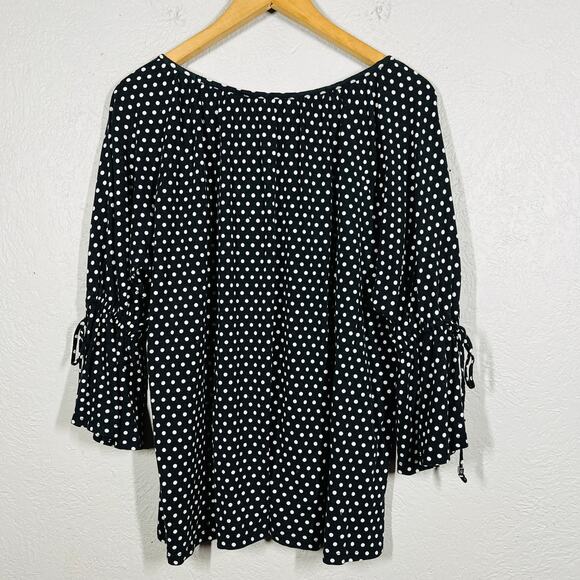 Michael Kors Polka Dot Bell Sleeve Tunic Top Scoop Neck Blouse Black White - 1X - Picture 3 of 6